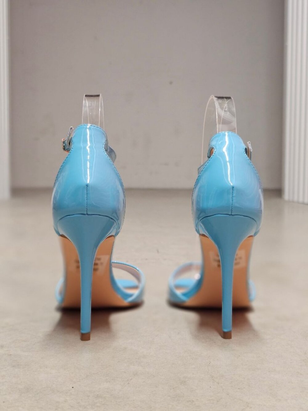 Elegant Blue Patent Leather Stiletto Heels With Ankle Strap & Open Toe For Women - Picture 13 of 16